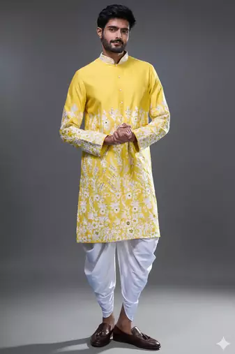 Yellow silk kurta patiala for men's