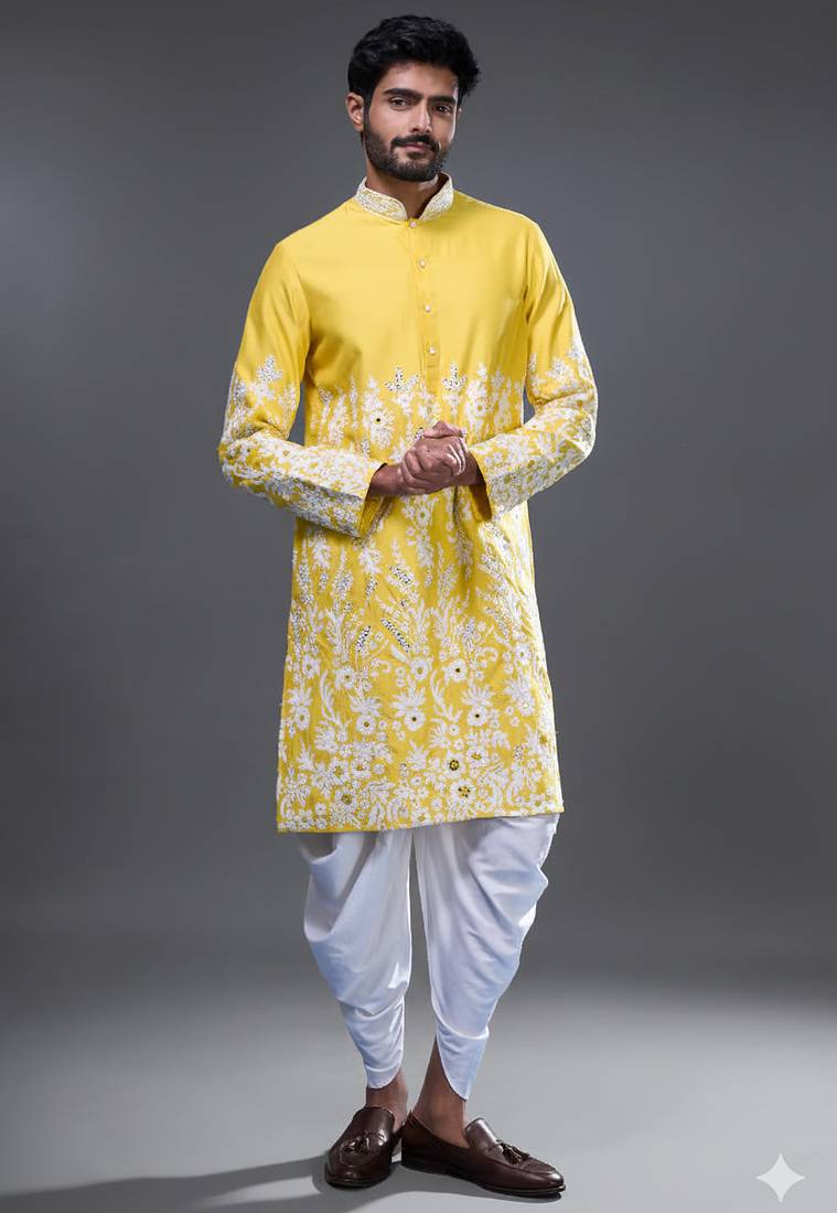 Yellow silk kurta patiala for men's