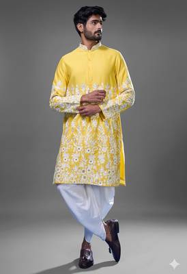 Yellow silk kurta patiala for men's 3