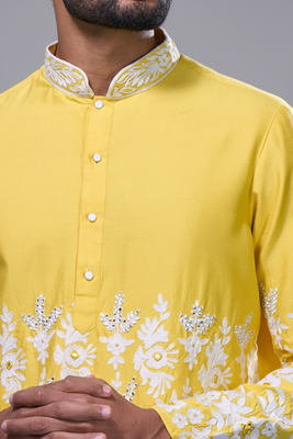 Yellow silk kurta patiala for men's 4