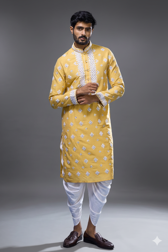 Yellow silk kurta patiala for men's