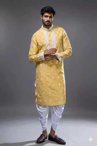 Yellow silk kurta patiala for men's