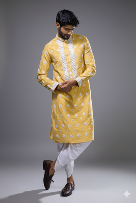 Yellow silk kurta patiala for men's 3