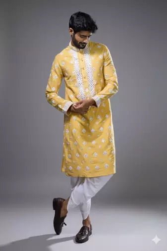 Yellow silk kurta patiala for men's