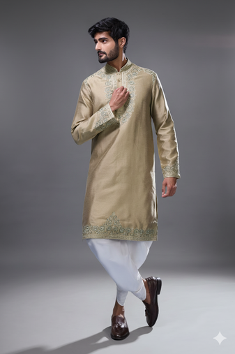 Brown silk kurta patiala for men's