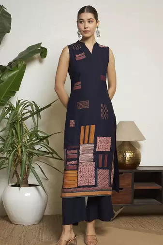 Navy blue printed rayon  Kurta pant and palazzo set