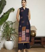 Navy blue printed rayon  Kurta pant and palazzo set