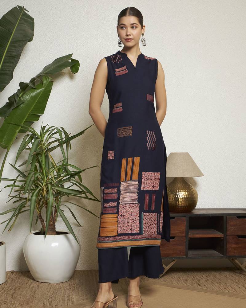 Navy blue printed rayon  Kurta pant and palazzo set