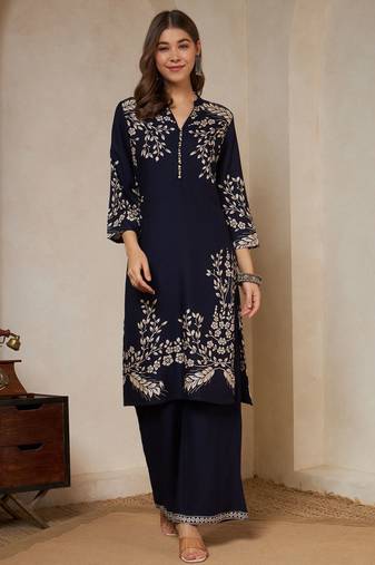 Navy blue printed rayon  Kurta pant and palazzo set