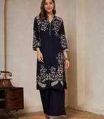 Navy blue printed rayon  Kurta pant and palazzo set