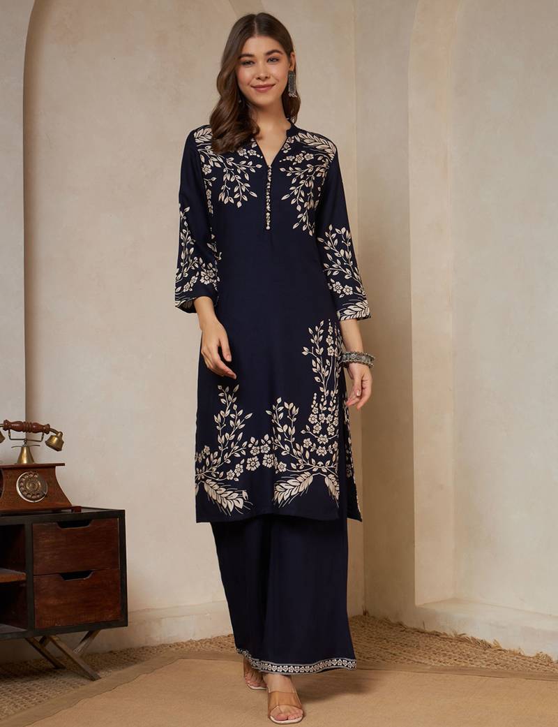 Navy blue printed rayon  Kurta pant and palazzo set