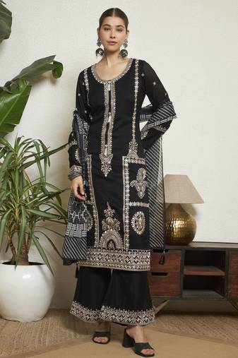 Black embroidered silk  Kurta Palazzo and dupatta set