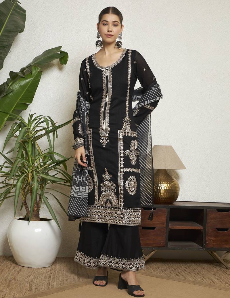 Black embroidered silk  Kurta Palazzo and dupatta set