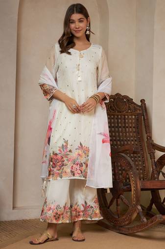 Off white embroidered silk  Kurta Palazzo and dupatta set