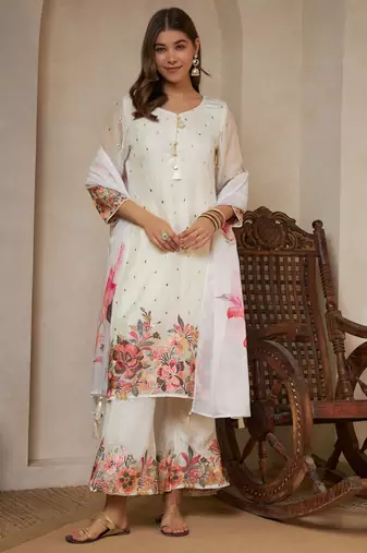 Off white embroidered silk  Kurta Palazzo and dupatta set