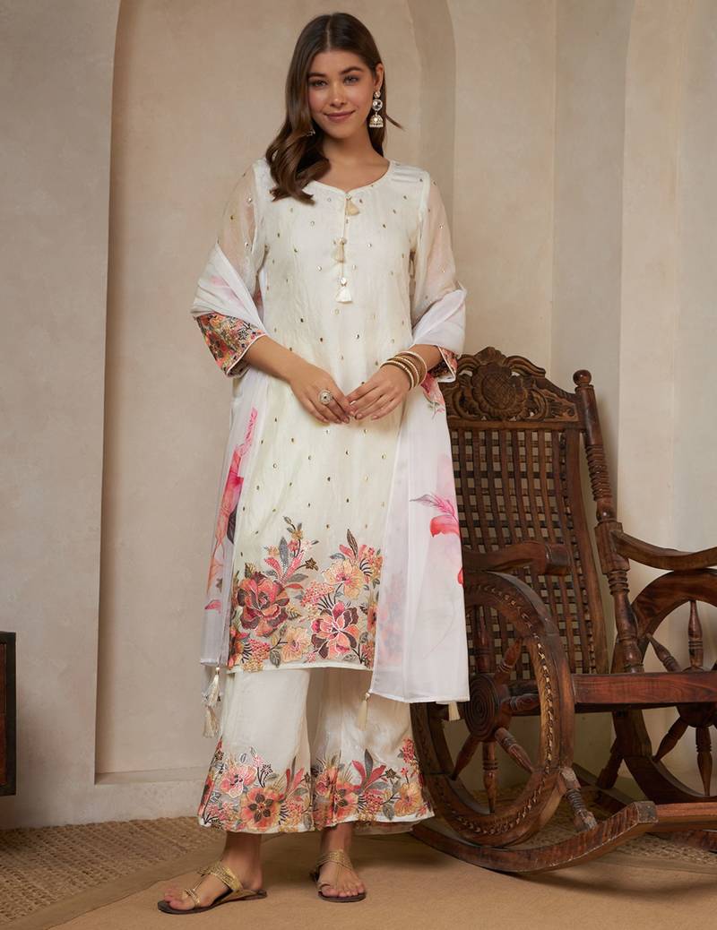 Off white embroidered silk  Kurta Palazzo and dupatta set
