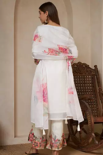 off white embroidered silk kurta palazzo set with dupatta
