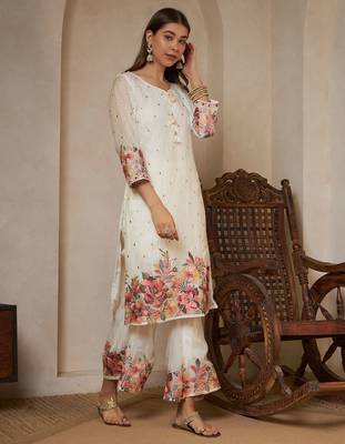 off white embroidered silk kurta palazzo set with dupatta 3