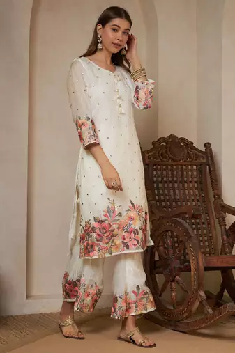 off white embroidered silk kurta palazzo set with dupatta