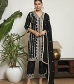 Black embroidered silk  Kurta pant  with dupatta set