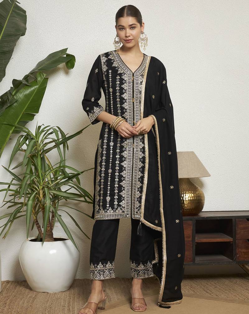 Black embroidered silk  Kurta pant  with dupatta set
