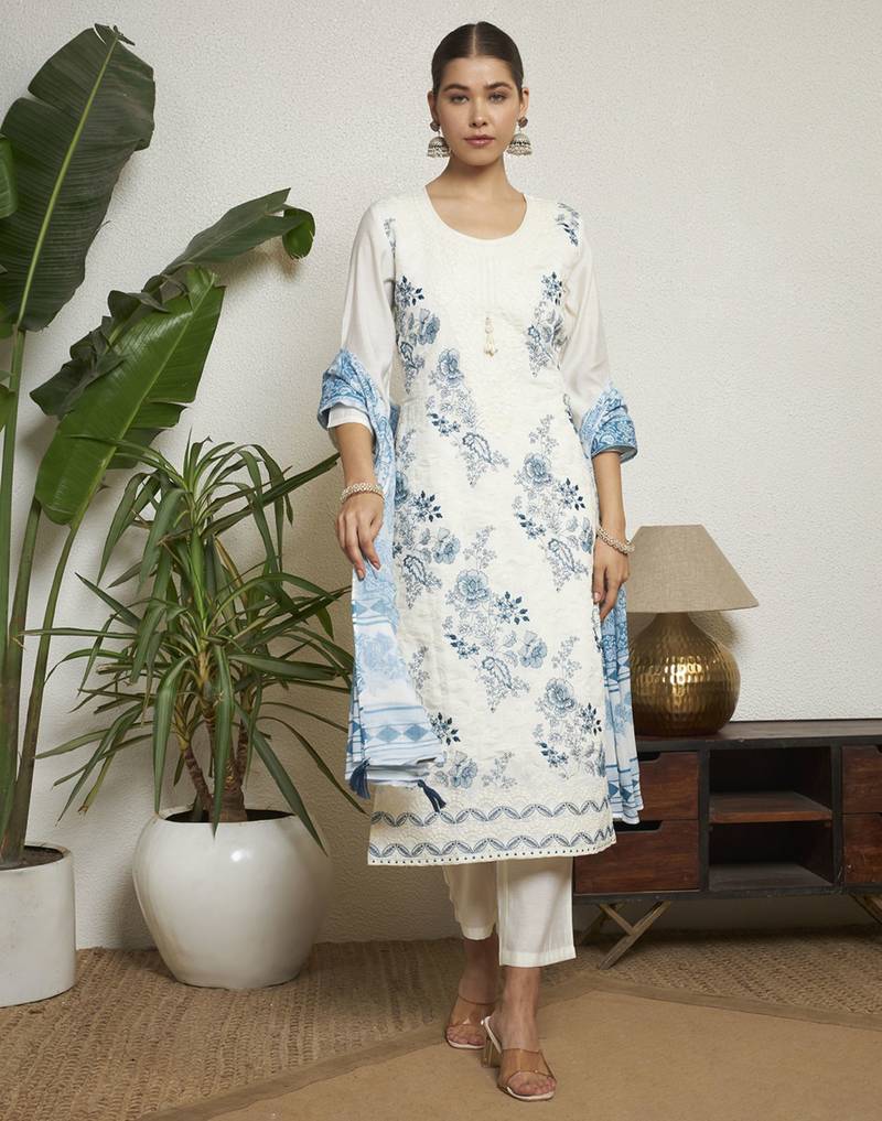 Petrol green embroidered silk  Kurta pant  with dupatta set