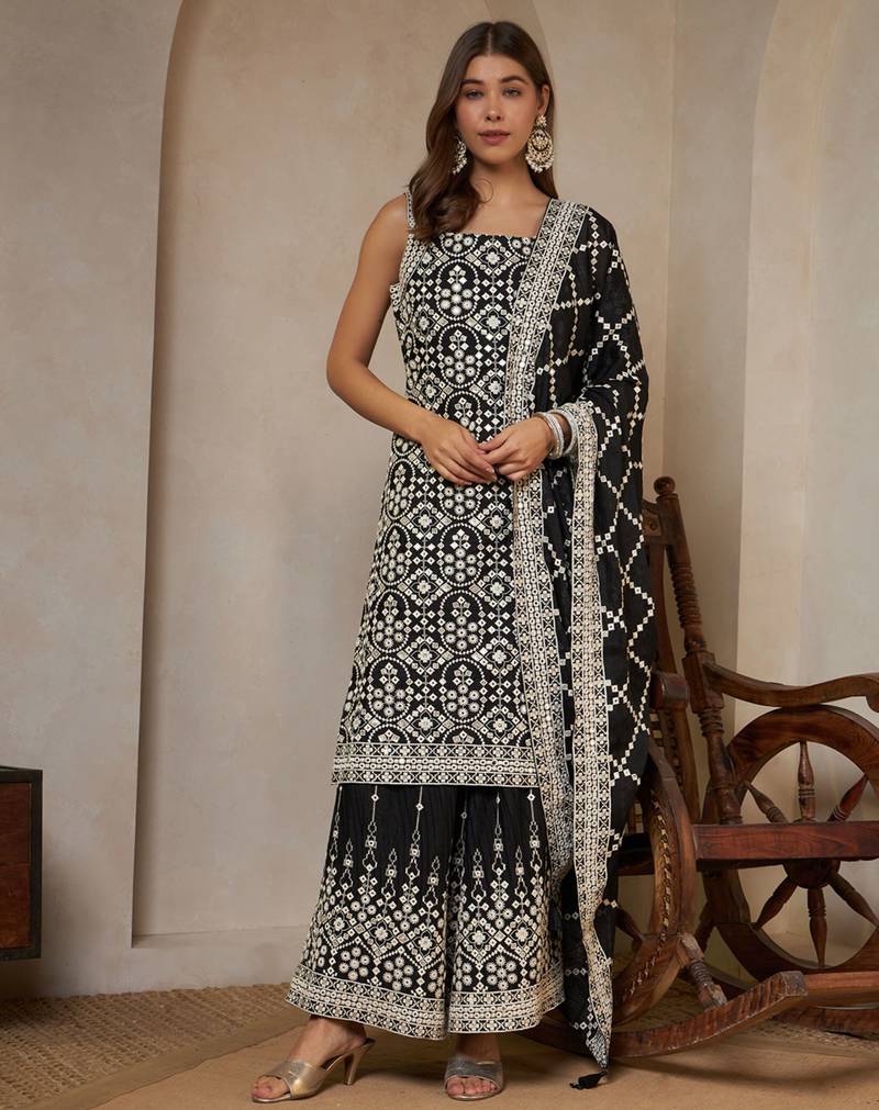 Sparkle black embroidered georgette  Kurta Palazzo and dupatta set