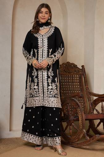 black embroidered silk kurta with palazzo and dupatta