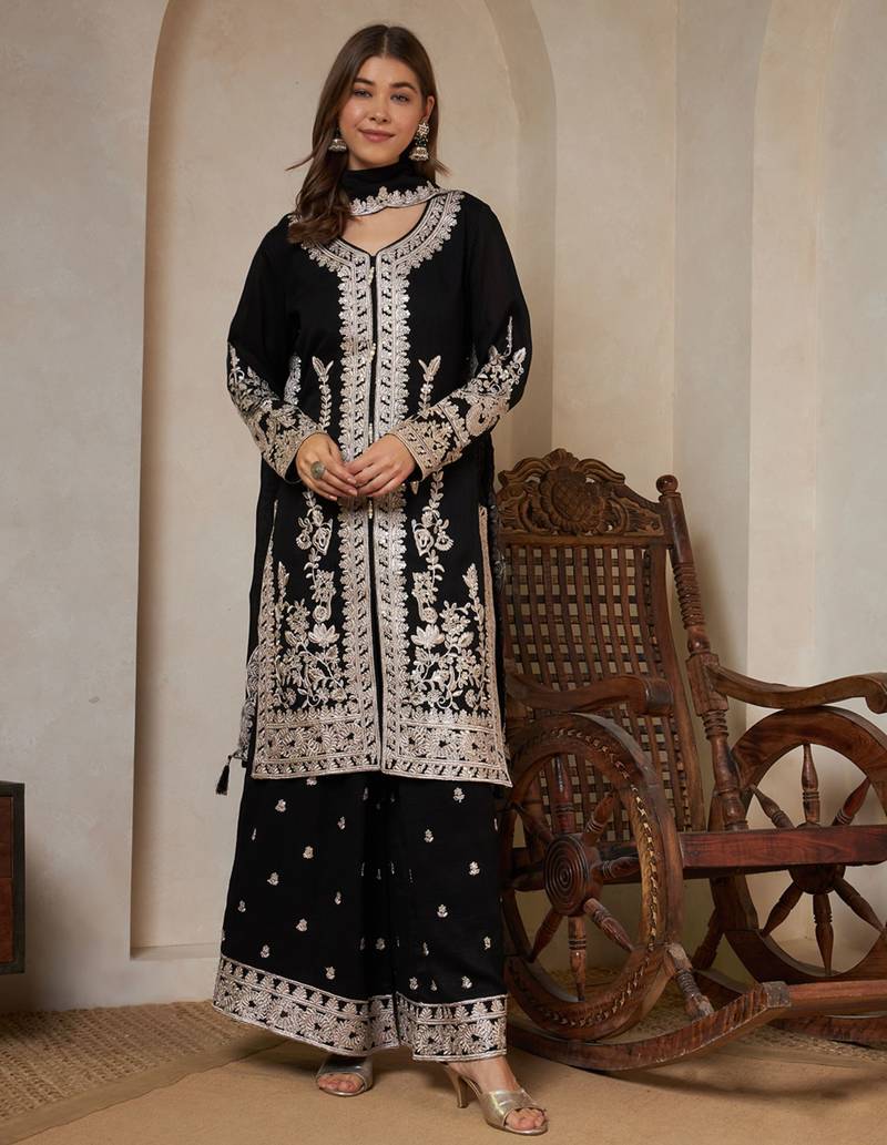 black embroidered silk kurta with palazzo and dupatta