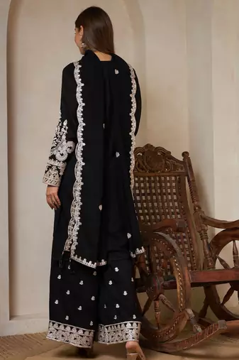 black embroidered silk kurta with palazzo and dupatta