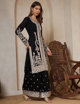 black embroidered silk kurta with palazzo and dupatta 3