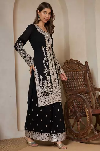 black embroidered silk kurta with palazzo and dupatta