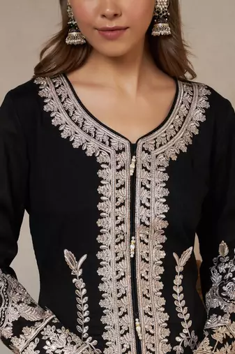 black embroidered silk kurta with palazzo and dupatta