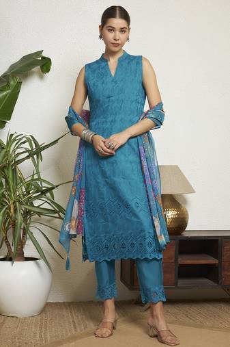 Dark cyan embroidered silk  Kurta pant  with dupatta set