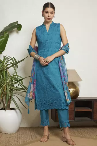 Dark cyan embroidered silk  Kurta pant  with dupatta set