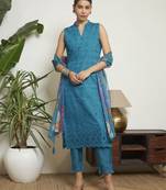 Dark cyan embroidered silk  Kurta pant  with dupatta set
