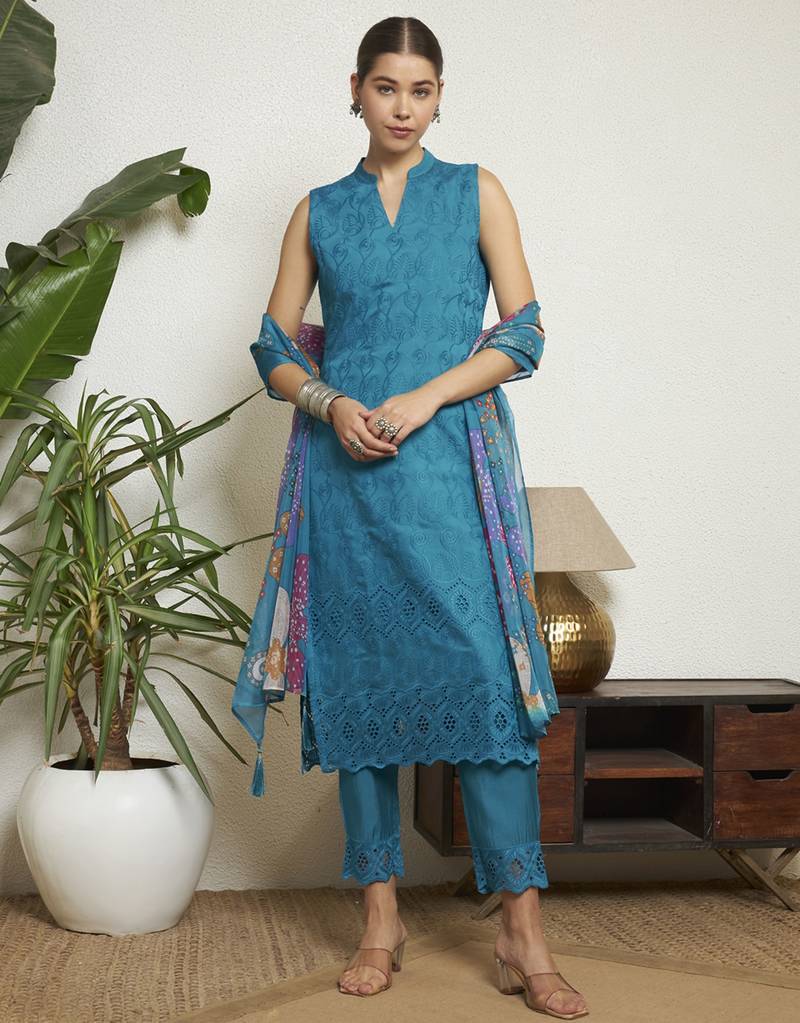 Dark cyan embroidered silk  Kurta pant  with dupatta set