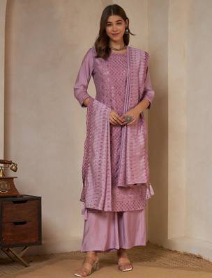 pink embroidered silk kurta with palazzo and dupatta 1