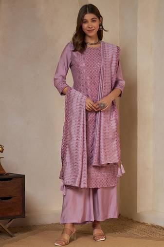 pink embroidered silk kurta with palazzo and dupatta