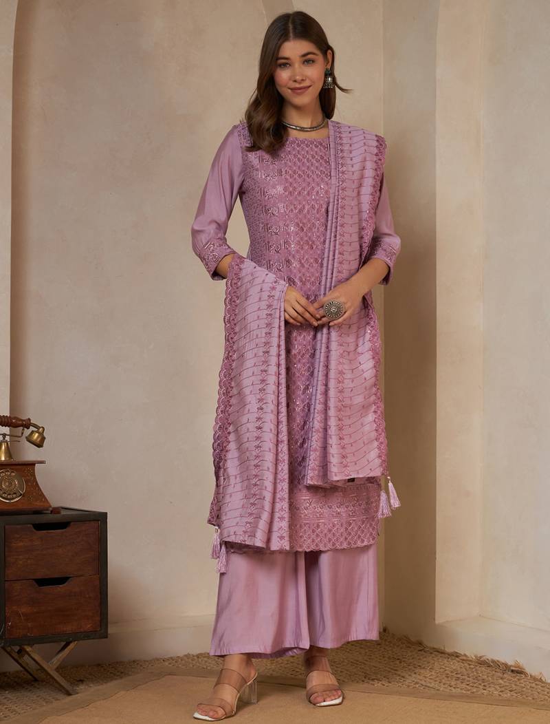 pink embroidered silk kurta with palazzo and dupatta
