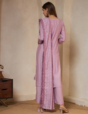 pink embroidered silk kurta with palazzo and dupatta 2