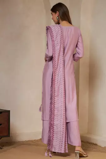 pink embroidered silk kurta with palazzo and dupatta