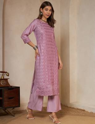 pink embroidered silk kurta with palazzo and dupatta 3