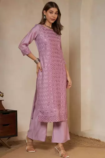 pink embroidered silk kurta with palazzo and dupatta