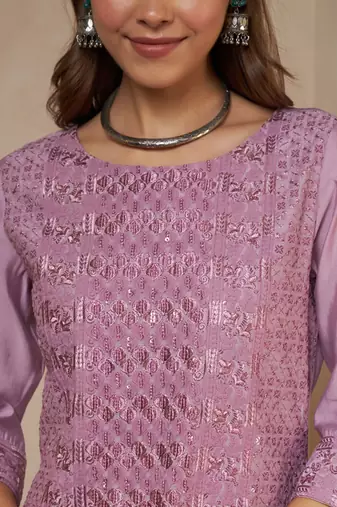 pink embroidered silk kurta with palazzo and dupatta