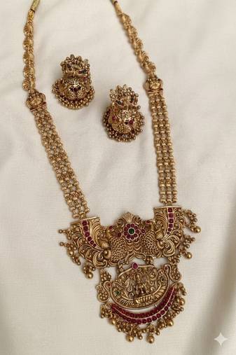 Traditional temple lakshmi long necklace set with jhumka earrings | gold-plated bridal jewellery