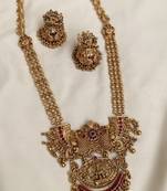 Traditional temple lakshmi long necklace set with jhumka earrings | gold-plated bridal jewellery