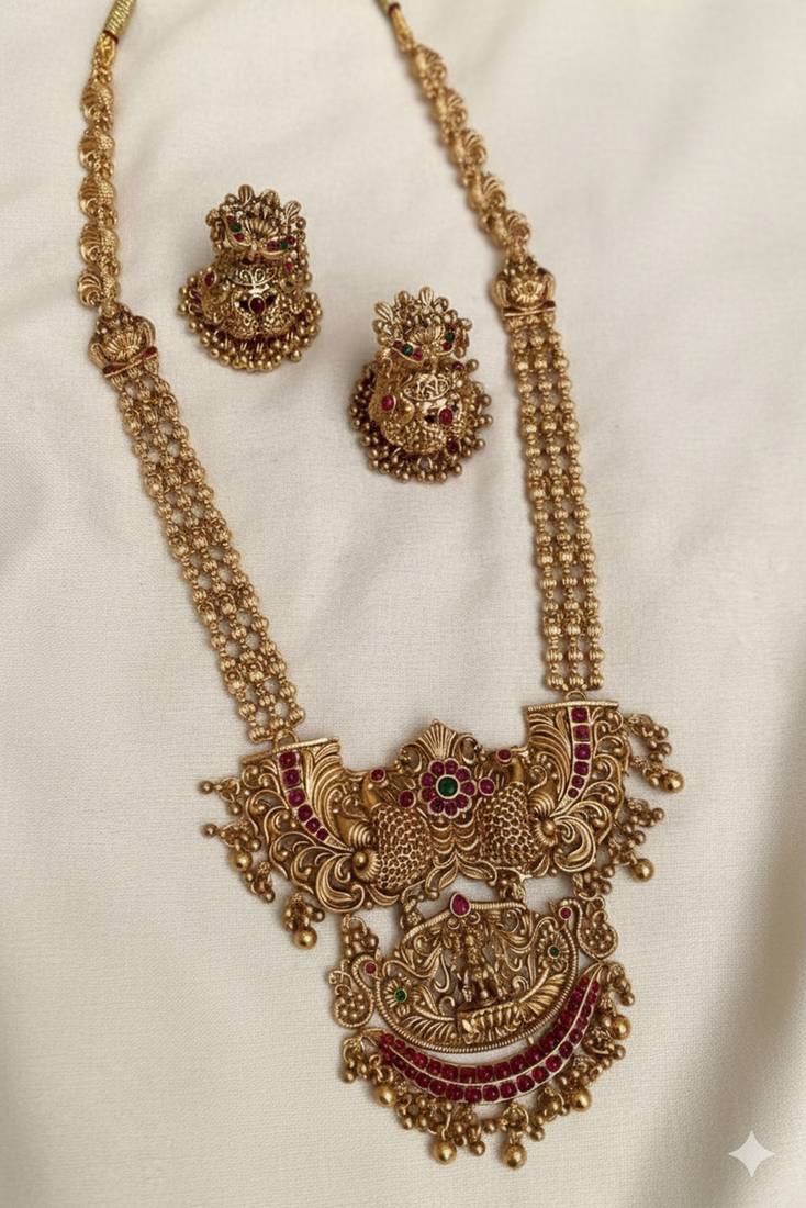 Traditional temple lakshmi long necklace set with jhumka earrings | gold-plated bridal jewellery