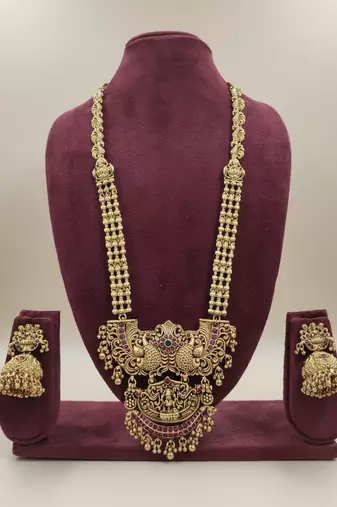 Traditional temple lakshmi long Necklace :: set with jhumka earrings | gold-plated bridal jewellery