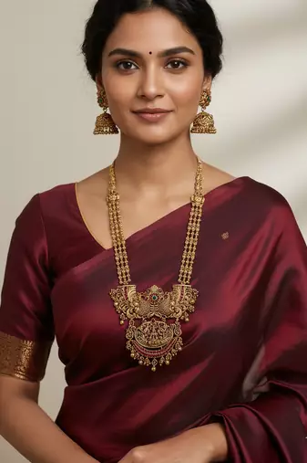 Traditional temple lakshmi long Necklace :: set with jhumka earrings | gold-plated bridal jewellery